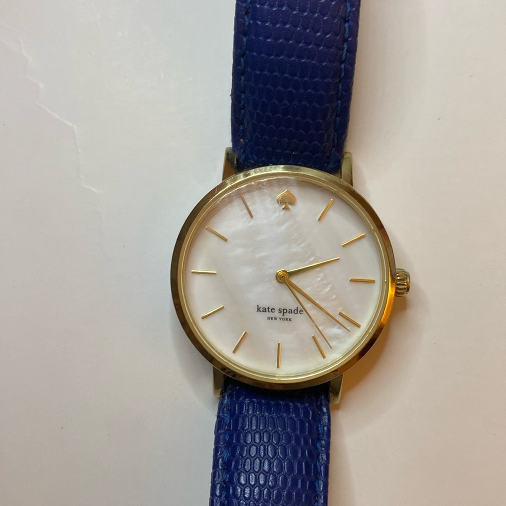 Kate Spade mother of pearl watch with blue crocodile leather band